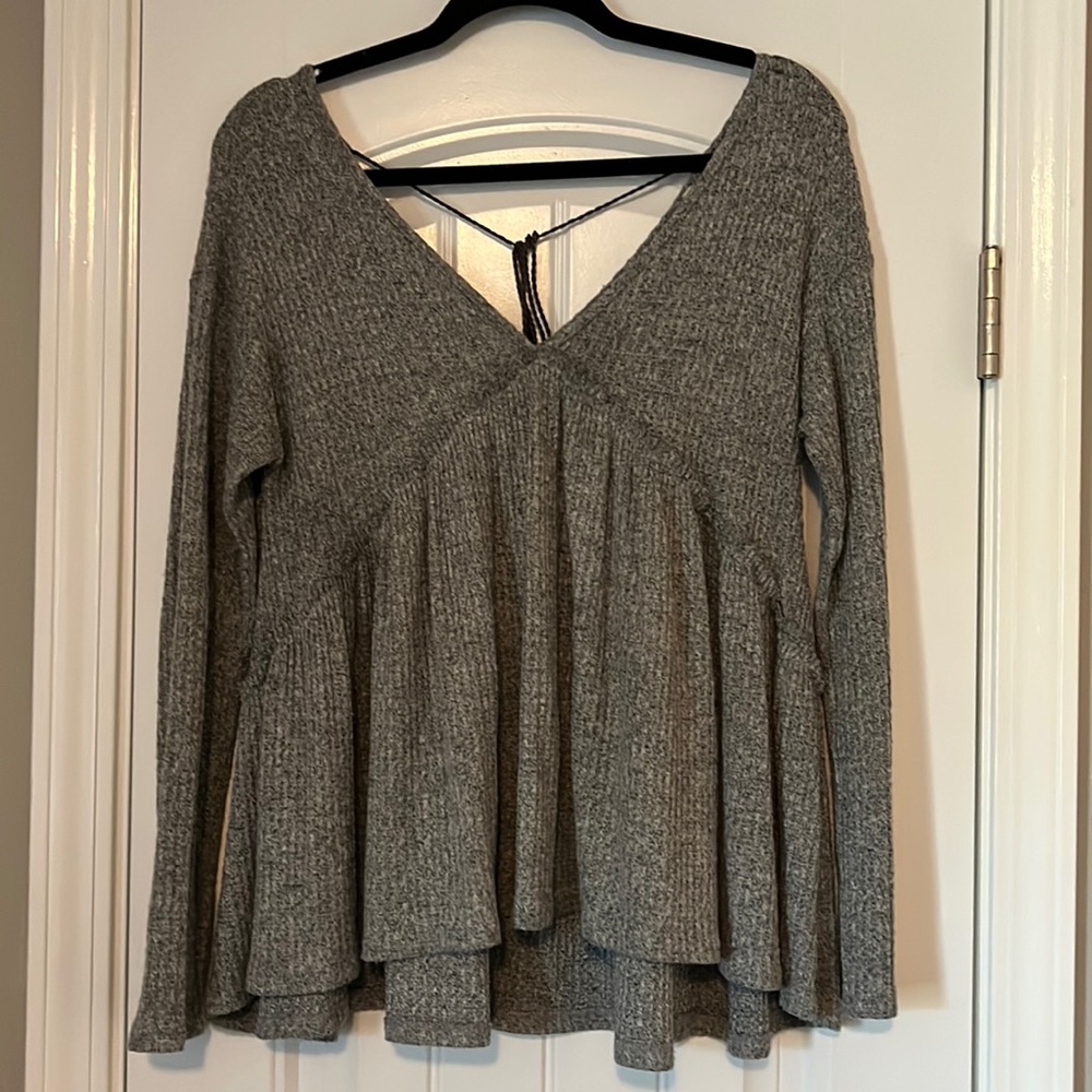 Small Grey Waffle Tie Back Boutique Top